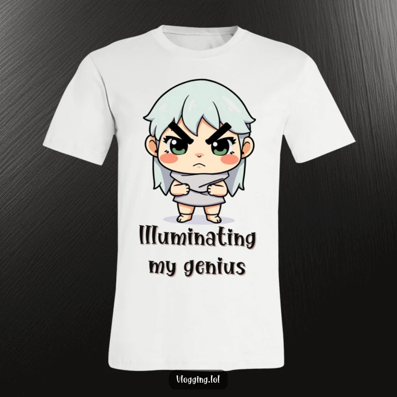 Funny t-shirt with a determined creator adjusting lighting with a serious expression, highlighting dedication and the pursuit of perfect artistic visuals.