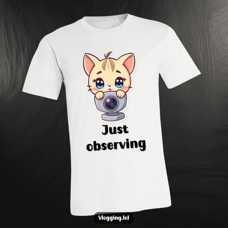 Funny t-shirt featuring a character with wide eyes peeking around a webcam, symbolizing curiosity and lighthearted surveillance.