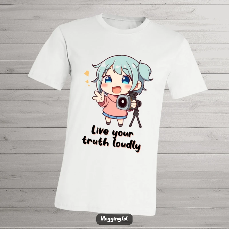 Funny t-shirt featuring a happy character making exaggerated hand gestures while passionately speaking to a camera.