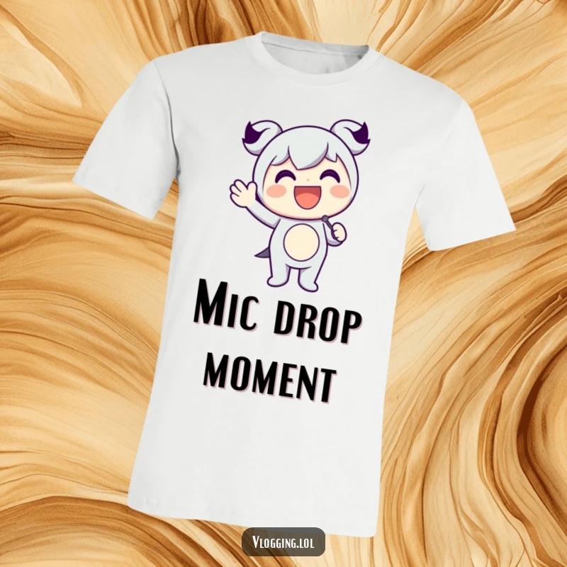 Funny t-shirt showcasing a happy character holding a microphone and waving energetically, ready to put on a show.