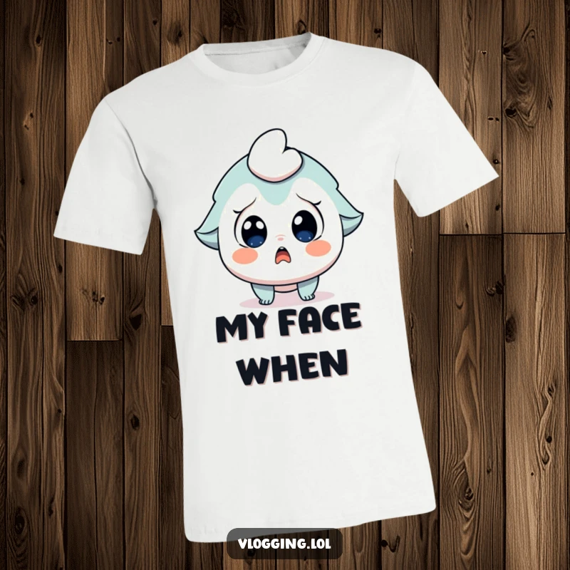 Funny t-shirt depicting a character with wide eyes, mouth agape in a gasp, reacting with surprise to the camera.