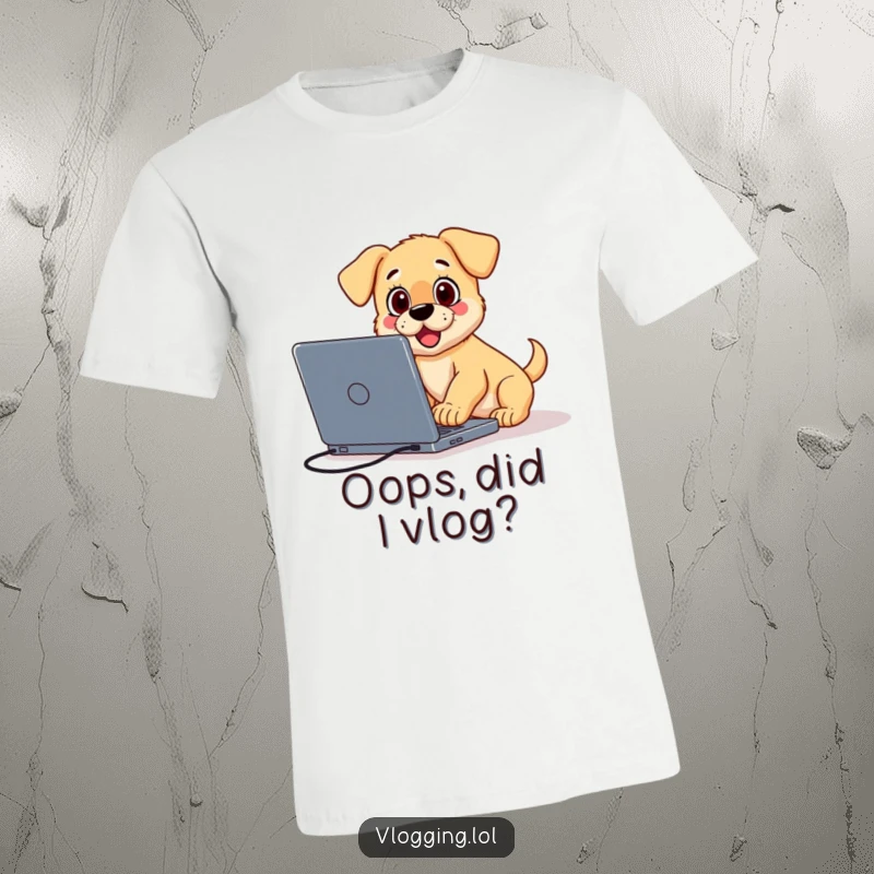 Funny t-shirt with a surprised puppy comically falling over a laptop during a vlog attempt, representing creator mishaps humorously.