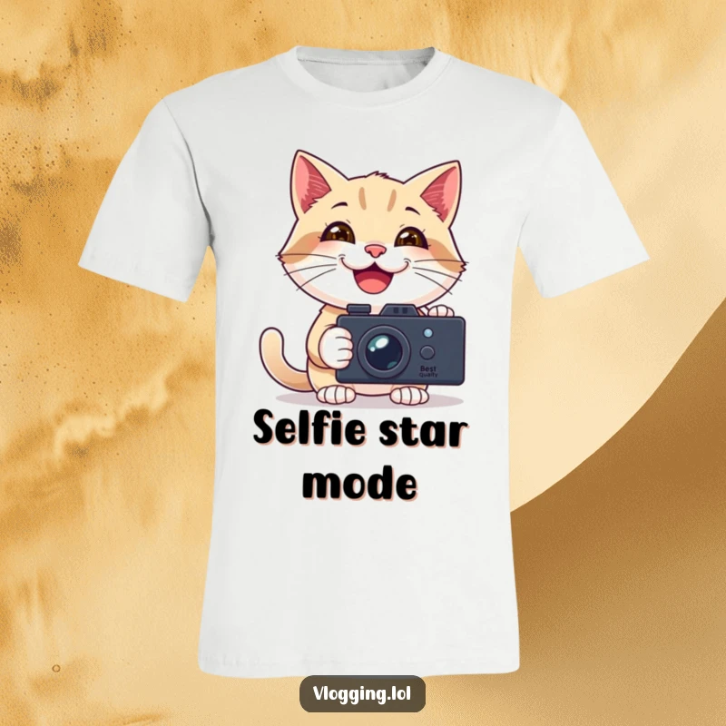 Funny t-shirt design of a happy cat smiling widely while filming itself with a handheld camera, ready for content creation.