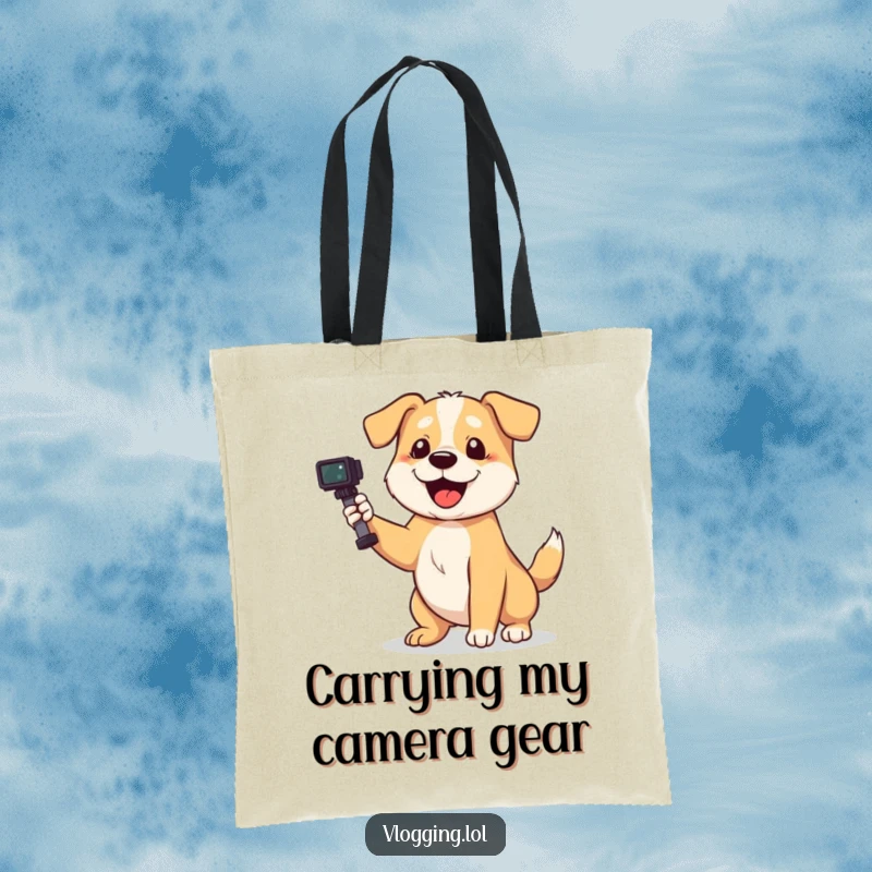Funny dog tote bag showing a playful dog wagging its tail enthusiastically while filming, perfect for creators.