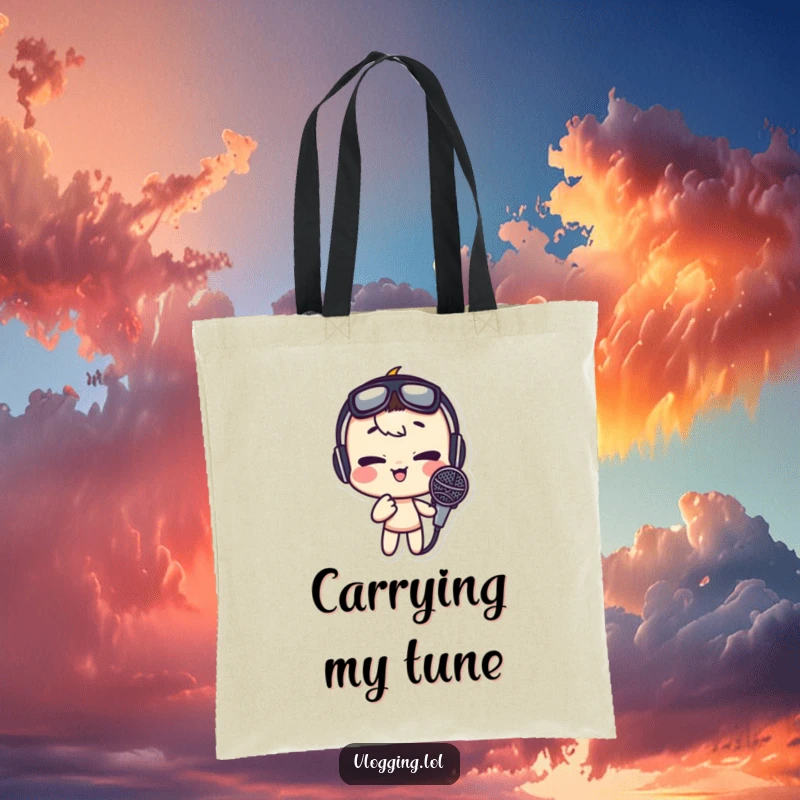 Funny tote bag featuring a character making an extreme silly face into a microphone, great for shopping and a good laugh.