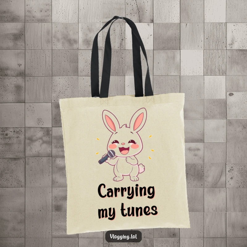 Funny bunny tote bag featuring a happy rabbit holding a microphone with a big smile, ideal for music lovers.