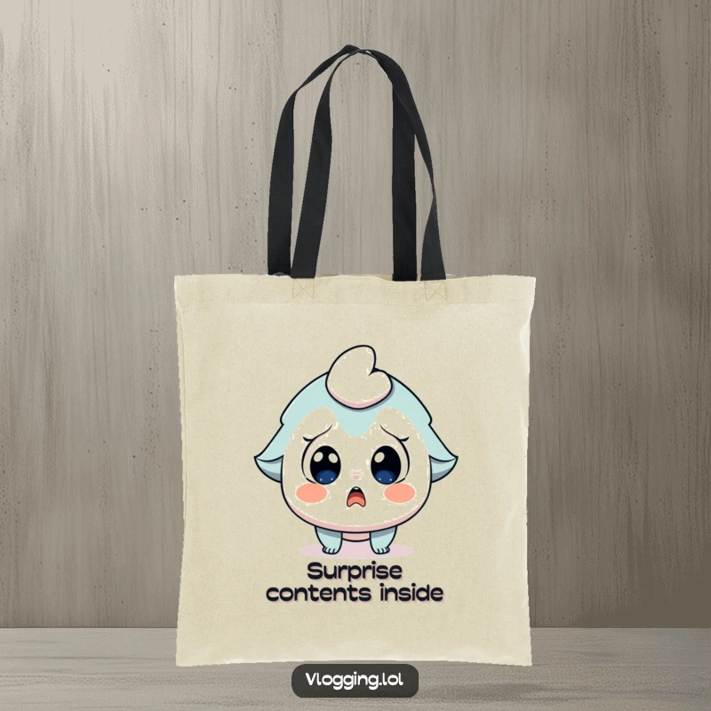 Funny tote bag with a character displaying wide, surprised eyes and an open mouth, gasping in utter astonishment.