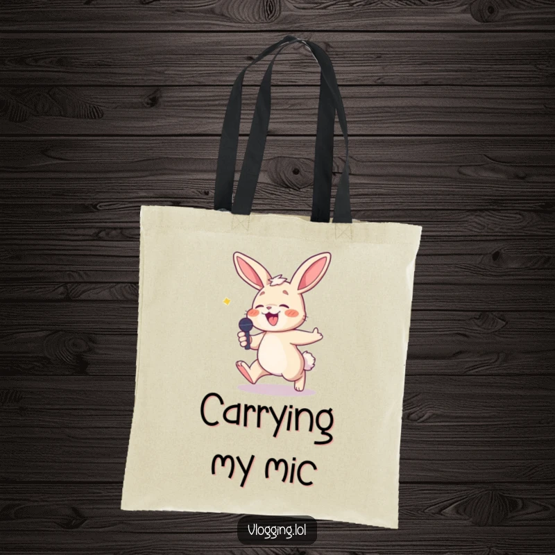 Funny tote bag showcasing a laughing bunny stumbling slightly while holding a microphone, perfect for carrying daily items with humor.