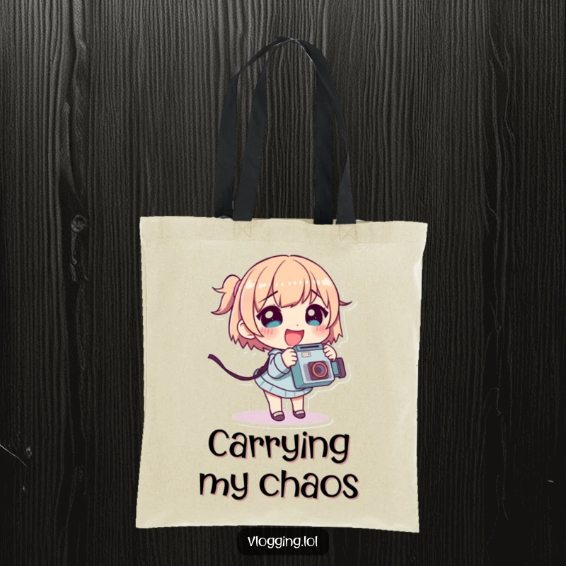 Funny tote bag with a giggling character tripping slightly while holding a camera, capturing the fun of photography.
