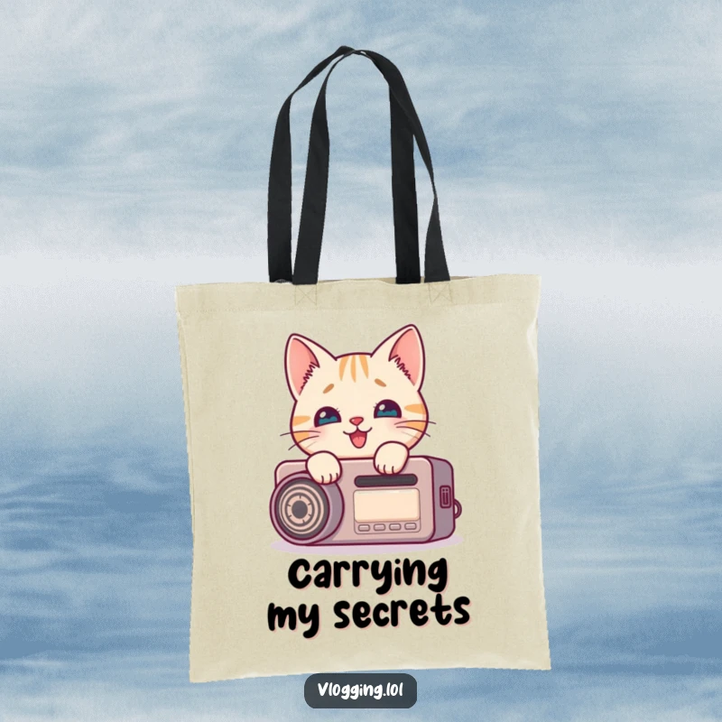 Funny cat tote bag featuring a curious feline peeking around a recording device with delight, perfect for creators.