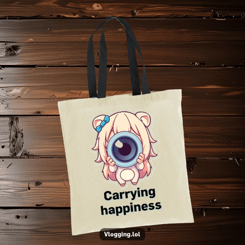 Funny tote bag shows a character beaming with happiness as they present a large, colorful object towards the camera.