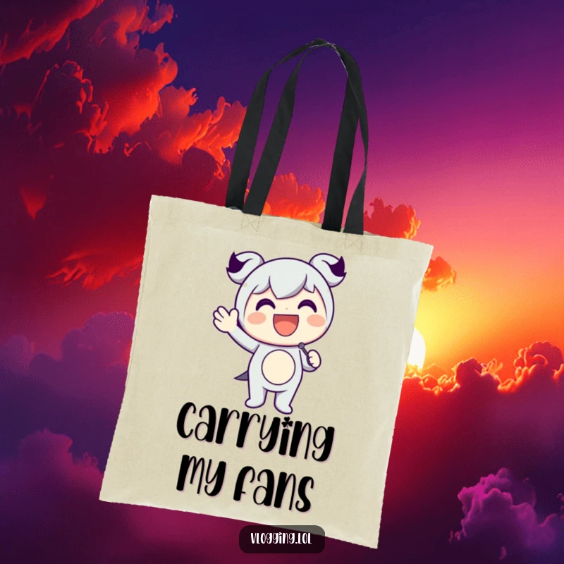 Funny tote bag with a happy character holding a microphone and waving energetically, embodying the excitement of a performance.