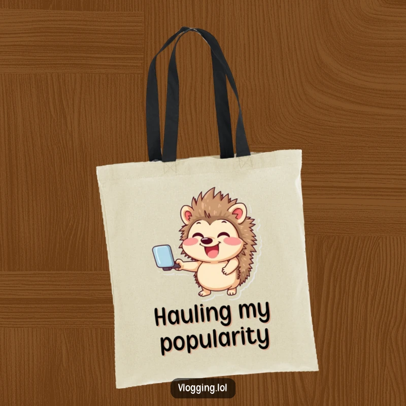 Funny tote bag with a giggling hedgehog smiling and holding a selfie stick, a humorous accessory for social media enthusiasts.