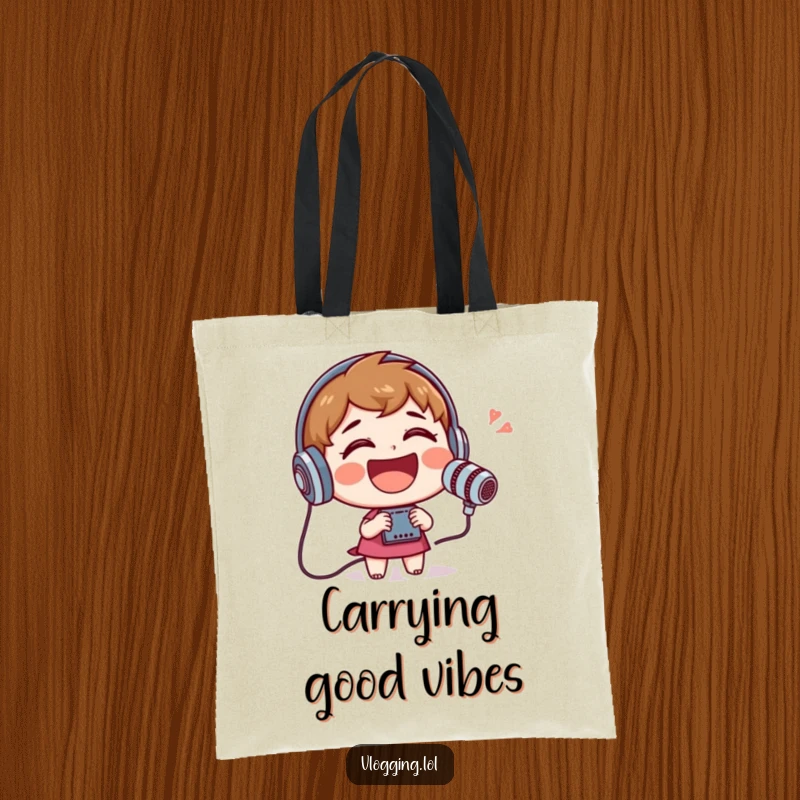 Funny tote bag depicting a cheerful character laughing heartily into a recording device, exuding pure joy.