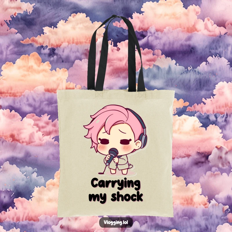 Funny tote bag with a surprised character releasing a microphone, their face a picture of shock.