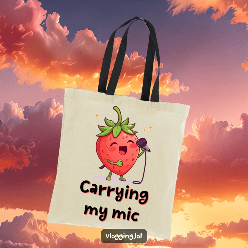 Funny strawberry singer tote bag: A joyful strawberry with a microphone, ready to deliver a powerful concert performance. Perfect funny gift.