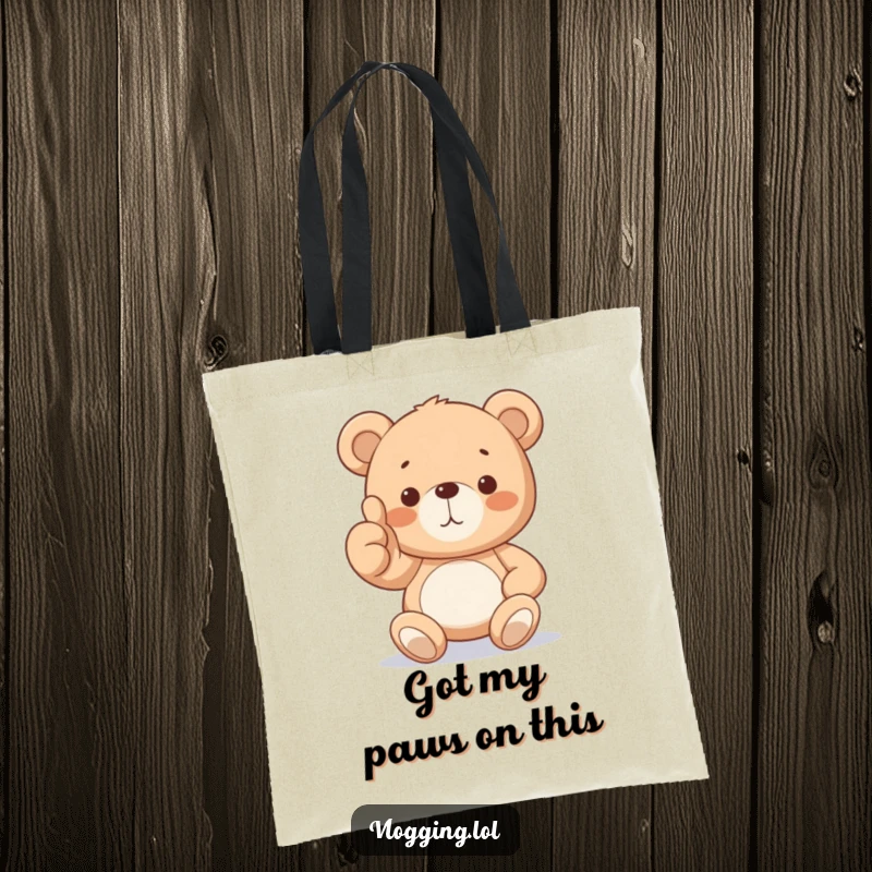 Funny Teddy Bear Tote Bag featuring a proud teddy bear giving a confident thumbs up. A practical and humorous accessory for daily use.
