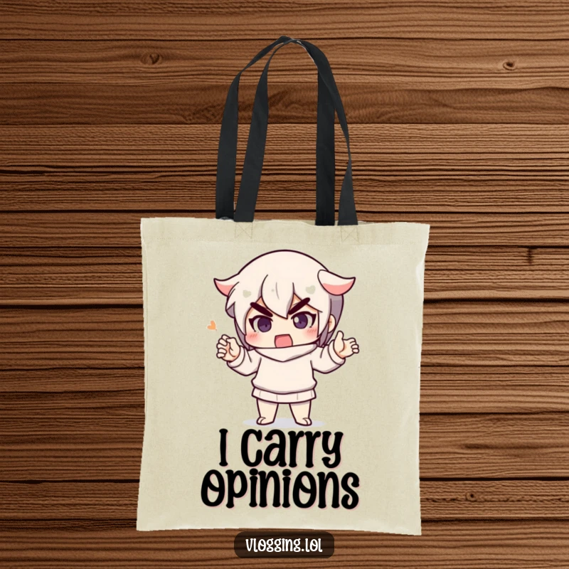 Funny tote bag with a character emphatically gesturing while speaking, designed to carry essentials with personality.